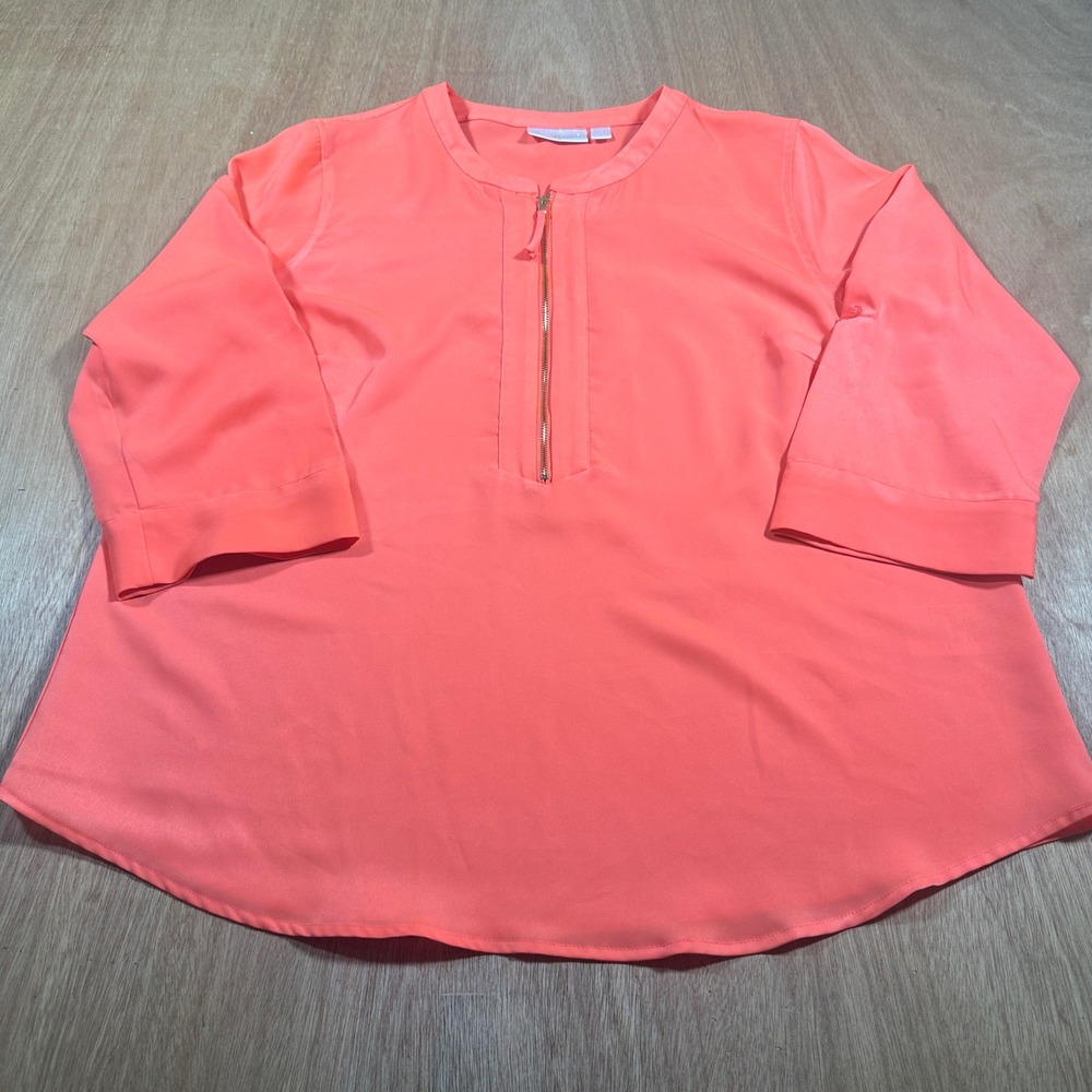 Belle by Kim Gravel Blouse Womens M Coral Half Zip Roll Tab Sleeve